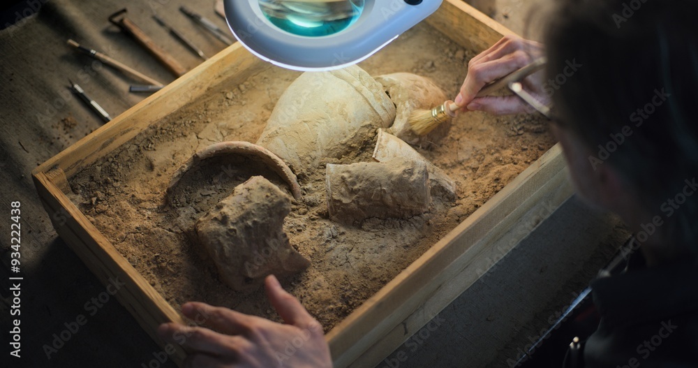 Naklejka premium Close up of mature archaeologist cleaning cultural heritage of extinct civilization from sand under lamp, using brush. Scientist works in archaeological laboratory, examines ancient fossil remains.