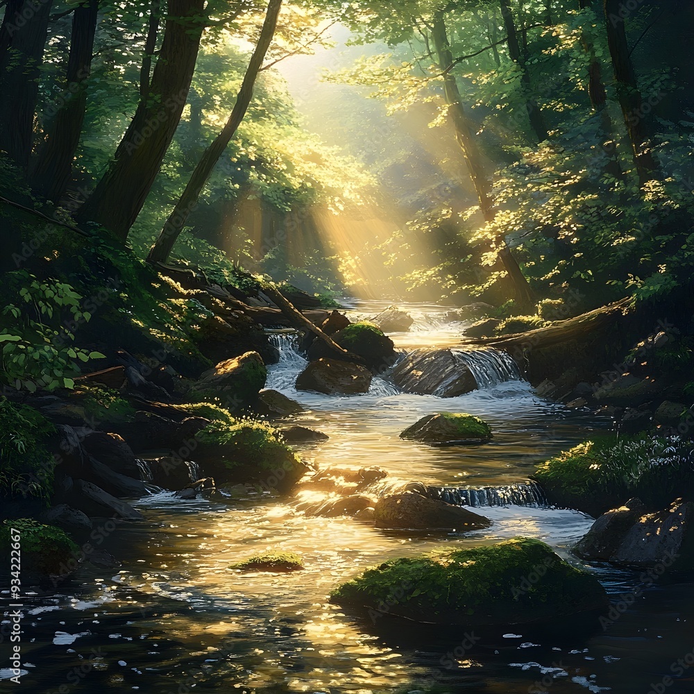 Pristine Forest River Cascading Through Verdant Foliage with Glimmering Golden Glow Pristine Forest River Cascading Through Verdant Foliage with Glimmering Golden Glow