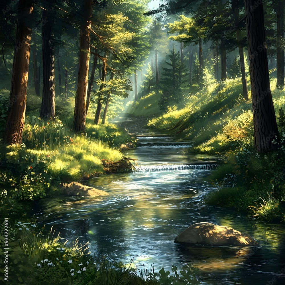 Obraz premium Peaceful River Flowing Through Lush Verdant Forest with Tranquil Sunlit Atmosphere