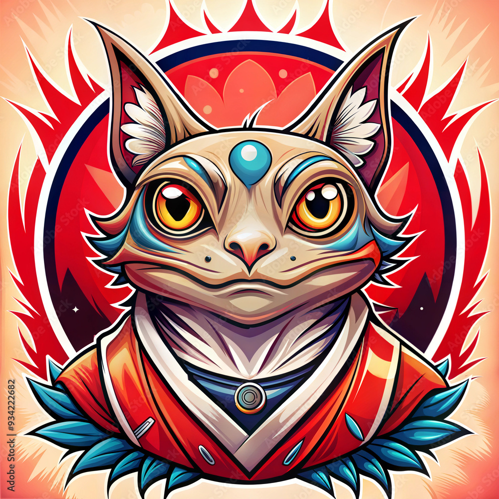 Fototapeta premium Futuristic Cat Warrior Illustration in Vibrant Colors with Tribal Elements