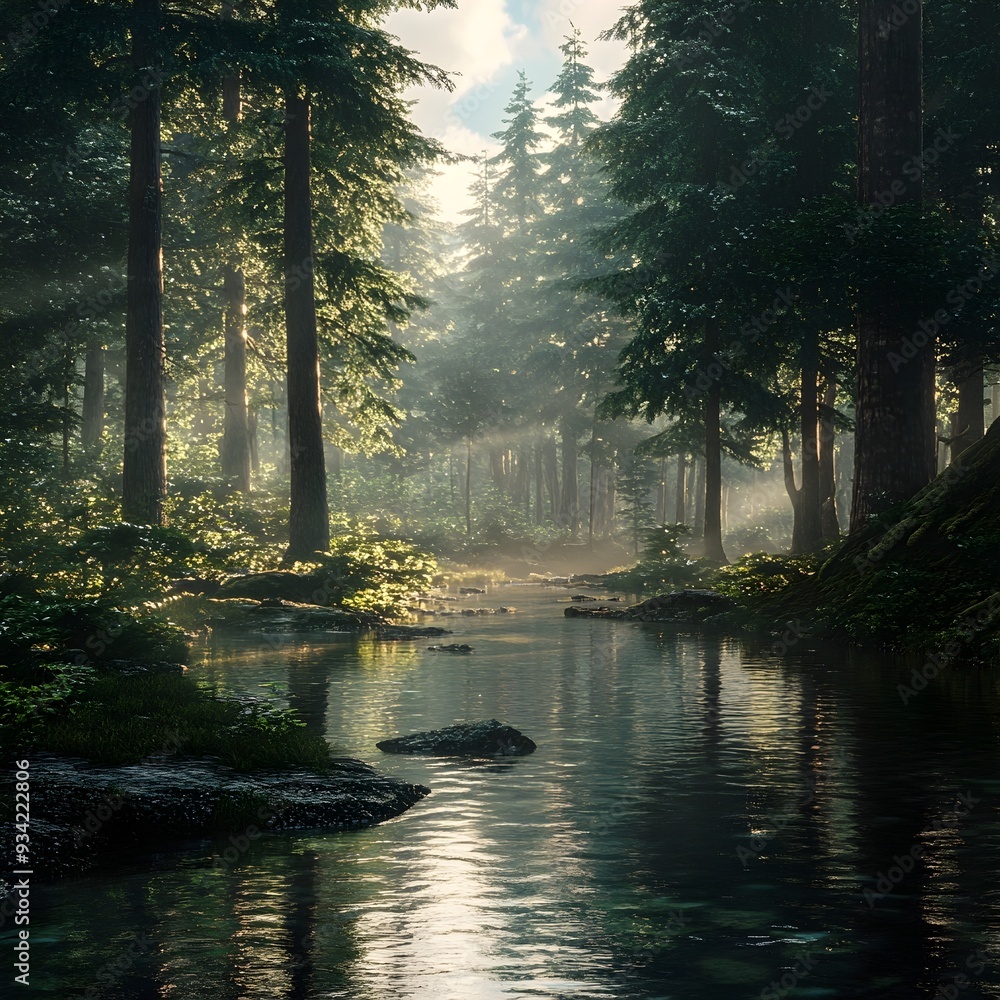 Obraz premium Serene Meandering River Winding Through Primeval Nordic Forest