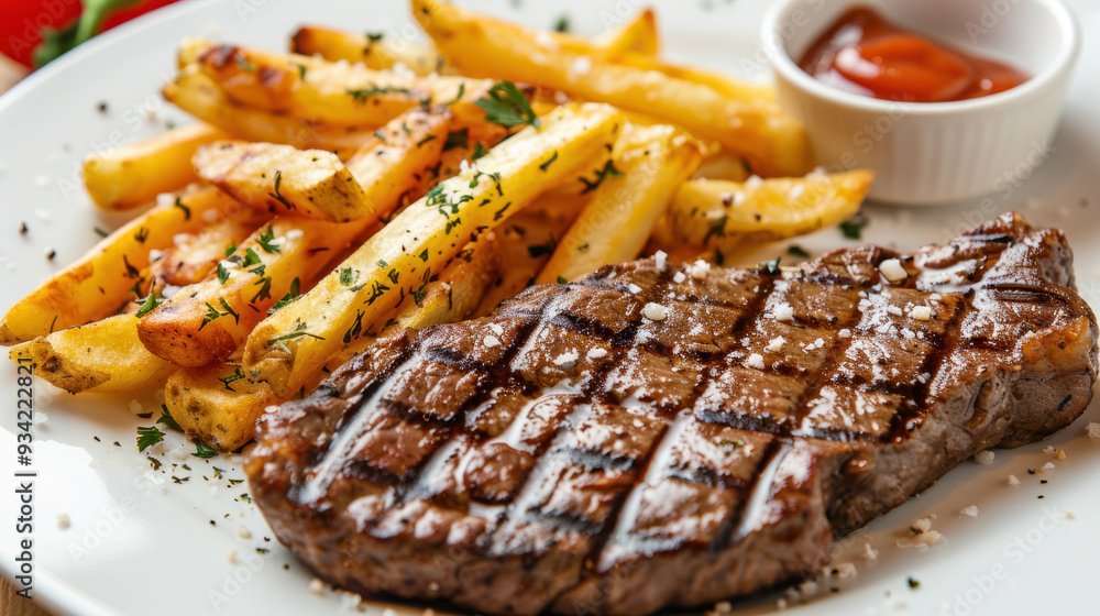 Photograph of a delicious dish with beef, fries and salad. Restaurant. Photograph of a delicious dish with beef, fries and salad. Restaurant.