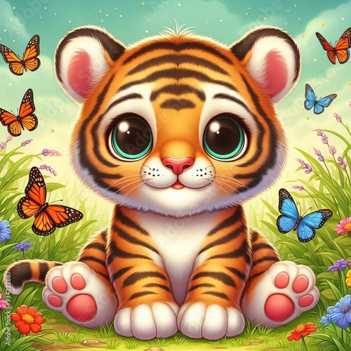 cute tiger sitting on the ground with butterfly