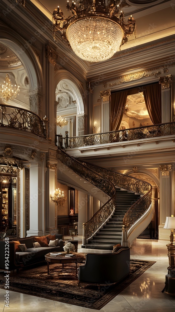 Grandiose Neoclassical Hotel Lobby with Ornate Chandeliers and Spiral Staircase Grandiose Neoclassical Hotel Lobby with Ornate Chandeliers and Spiral Staircase