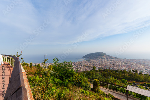 Wide angle shot of alanya city showing the castle, blue sea and sky