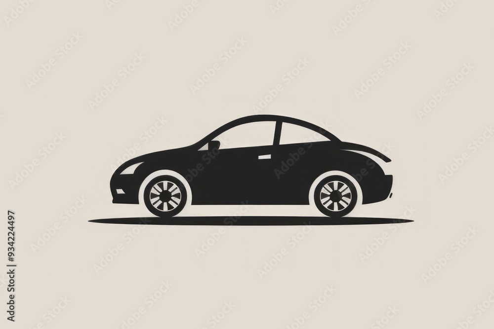 A minimalist black silhouette of a modern compact car with shadow on a white background, showcasing side profile. A minimalist black silhouette of a modern compact car with shadow on a white background, showcasing side profile.
