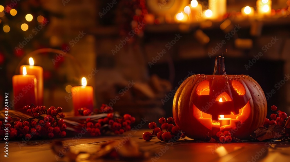 Smiling jack-o-lantern with glowing candlestick, surrounded by candles, and warm fireplace Smiling jack-o-lantern with glowing candlestick, surrounded by candles, and warm fireplace