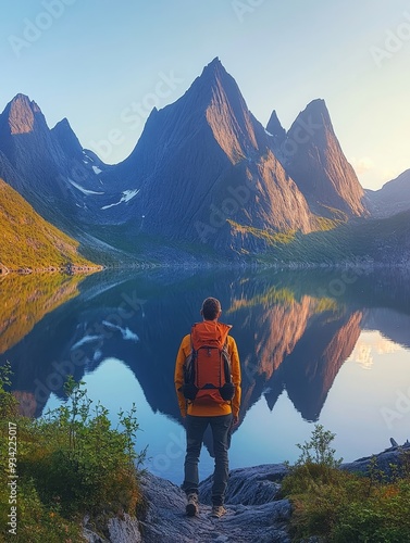 Photographer walking alone in Norway traveling solo outdoor active healthy lifestyle sustainable tourism Okshornan peaks view Senja islands. Tungeneset beautiful reflections of the, Generative AI photo