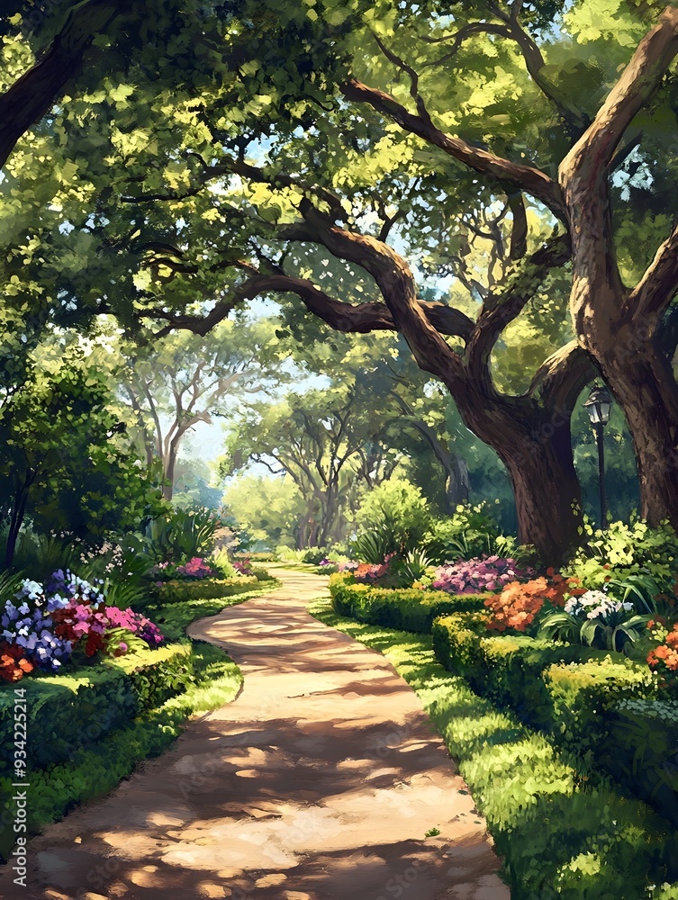 Fototapeta premium A Serene Park Setting with Meandering Trail Oak Trees and Vibrant Floral Arrangements