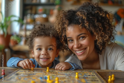 Mother and child enjoying a board game together at home, sharing smiles and fun. photo