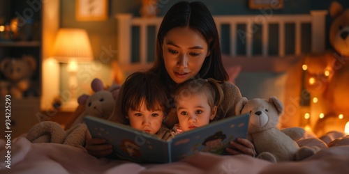 A mother reads a bedtime story to her two children, surrounded by stuffed animals and warm lighting in a cozy bedroom.