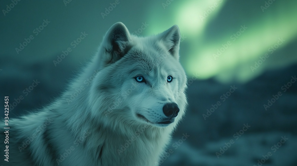 Obraz premium Husky dog ​​against the backdrop of the northern lights. Northern harsh landscape. Northern sled dog. White wolf with blue eyes against the backdrop of the northern lights.