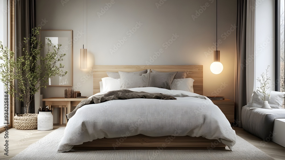 Minimalist Nordic Bedroom with Cozy Hygge Inspired Ambiance and High Definition Photographic Minimalist Nordic Bedroom with Cozy Hygge Inspired Ambiance and High Definition Photographic