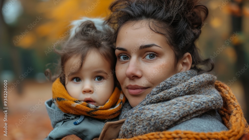 A mother and child enjoying a warm cuddle in an autumn park, wrapped up in scarves and sweaters. A mother and child enjoying a warm cuddle in an autumn park, wrapped up in scarves and sweaters.