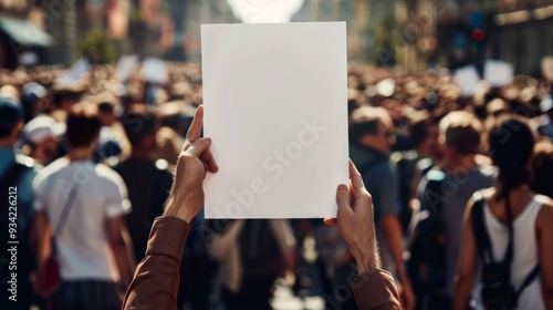 Blank mockup of a bold and eyecatching flyer for a political rally or campaign event, someones hand holding empty poster in crowd surrounding photo