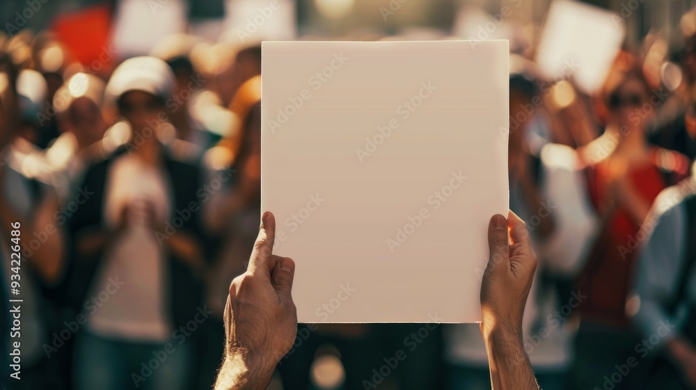 Blank mockup of a bold and eyecatching flyer for a political rally or campaign event, someones hand holding empty poster in crowd surrounding Blank mockup of a bold and eyecatching flyer for a political rally or campaign event, someones hand holding empty poster in crowd surrounding