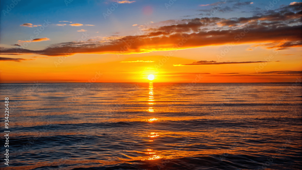 A beautiful sunset over a calm ocean with the sun dipping below the Horizon A beautiful sunset over a calm ocean with the sun dipping below the Horizon