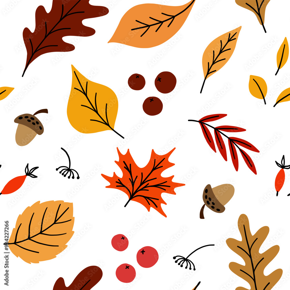 Obraz premium Seamless pattern with acorns and autumn leaves and berries
