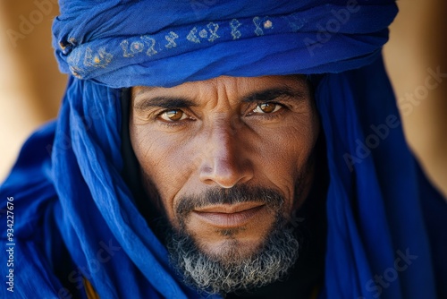 Adult Tuareg man in authentic national blue clothes. Background with selective focus. human enhanced, Generative AI photo