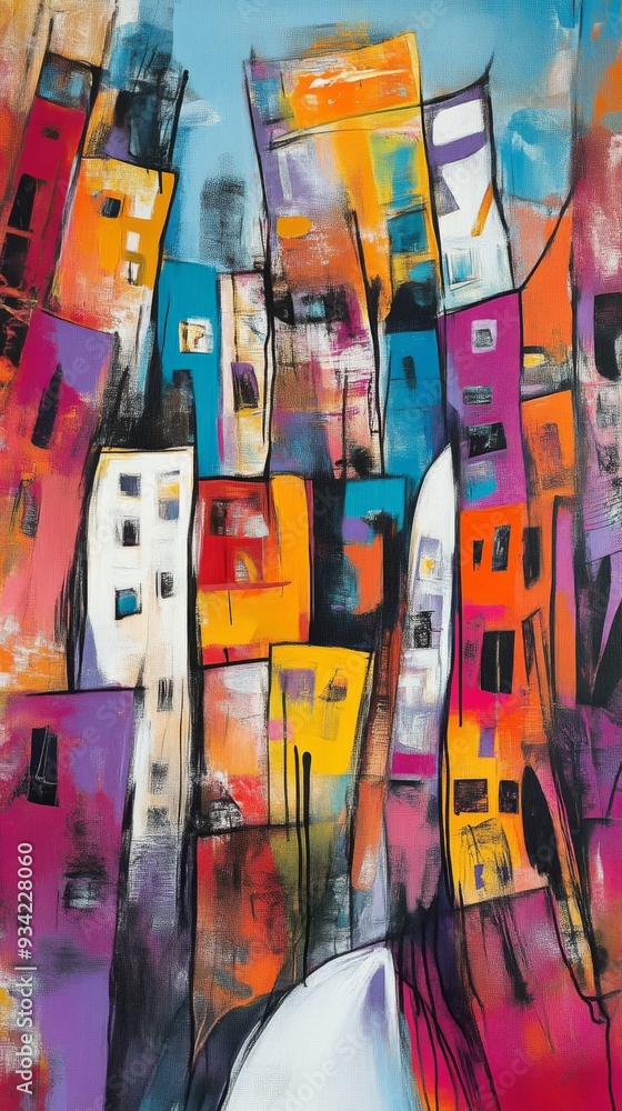 Naklejka premium Abstract colorful buildings painting on canvas, vibrant urban landscape. Modern art concept