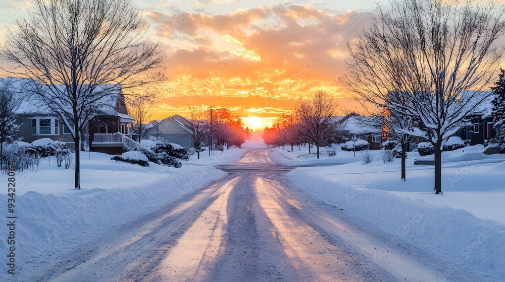 Snowy Road with Sunset View in Winter Snowy Road with Sunset View in Winter