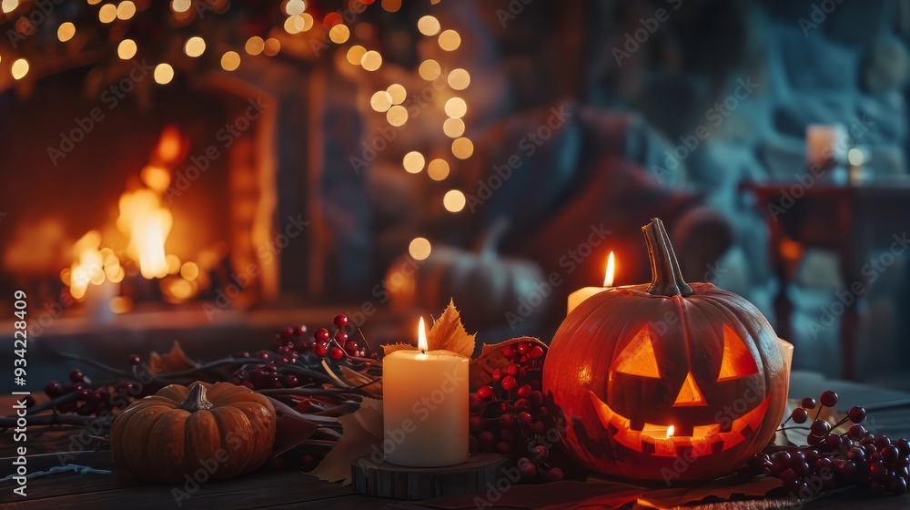 Smiling jack-o-lantern with glowing candlestick, surrounded by candles, and warm fireplace Smiling jack-o-lantern with glowing candlestick, surrounded by candles, and warm fireplace