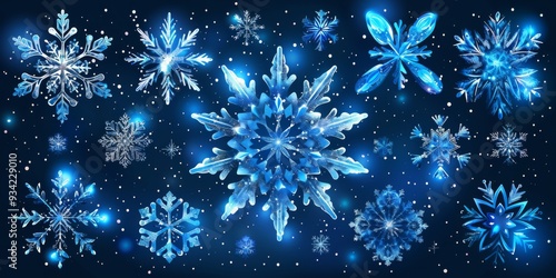 Delicate, glowing blue and white snowflakes intricately designed against a dark background. photo