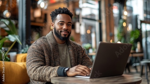 Professional man using a laptop to work from a coworking space, Generative AI