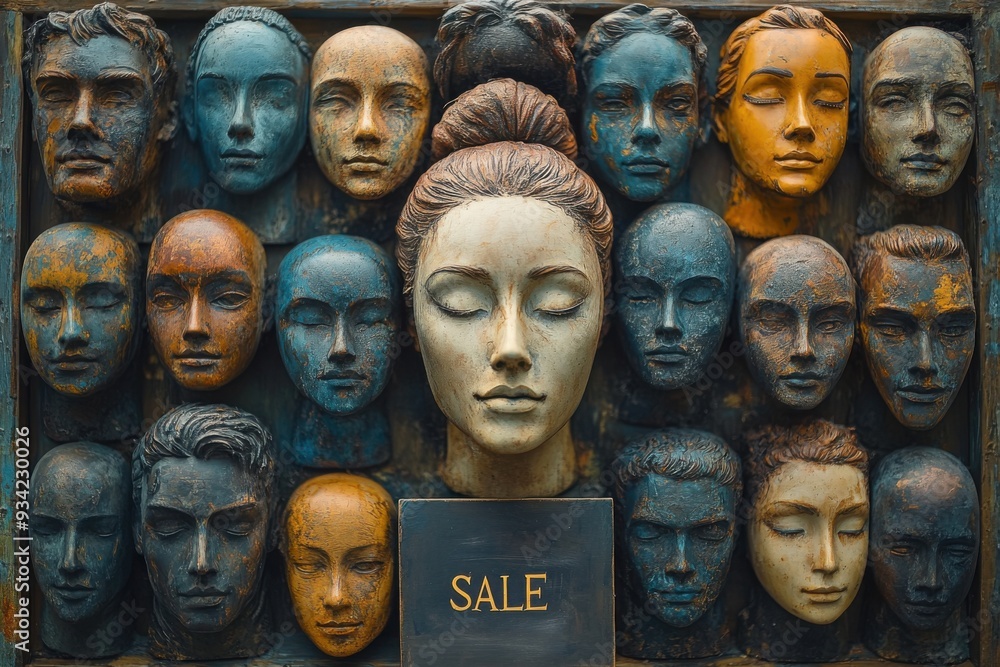 Many different colored faces on display in a display case, sale discount concept Many different colored faces on display in a display case, sale discount concept