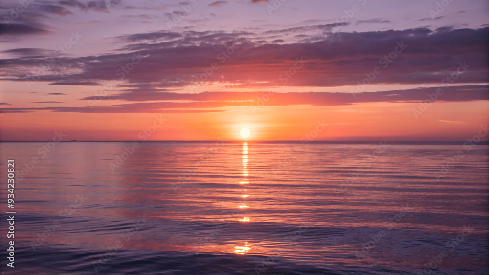 Obraz premium A beautiful sunset over a calm ocean with the sun dipping below the Horizon