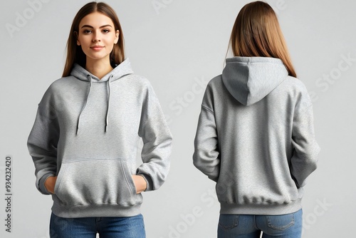 A woman wears a plain grey hoodie, front and back, for a t-shirt design mock up