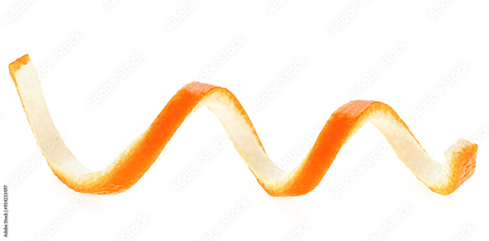 Thin orange zest isolated on a white background. Fresh citrus peel. Thin orange zest isolated on a white background. Fresh citrus peel.