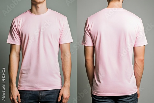 A man wears a plain pink t-shirt, front and back, for a t-shirt design mock up