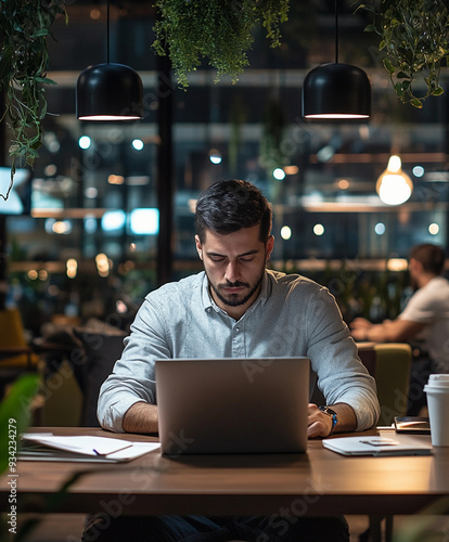 Entrepreneur working late in a co-working space – A young man in casual business attire, deeply focused on his laptop in a trendy, dimly lit co-working space