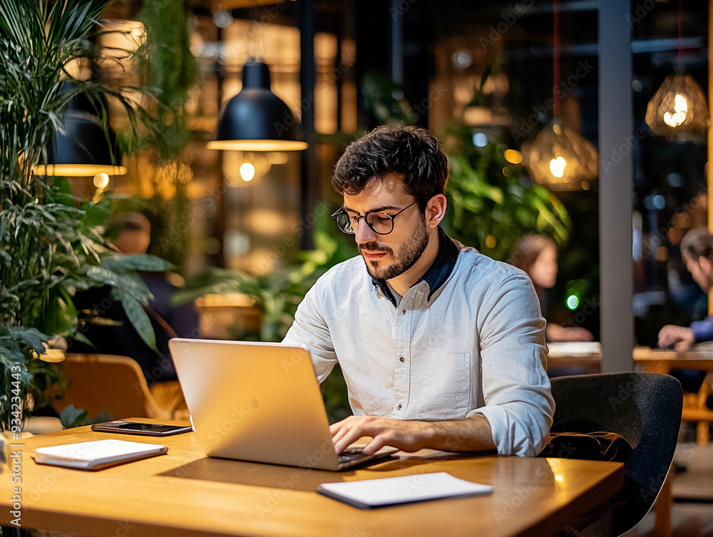 Entrepreneur working late in a co-working space – A young man in casual business attire, deeply focused on his laptop in a trendy, dimly lit co-working space Entrepreneur working late in a co-working space – A young man in casual business attire, deeply focused on his laptop in a trendy, dimly lit co-working space