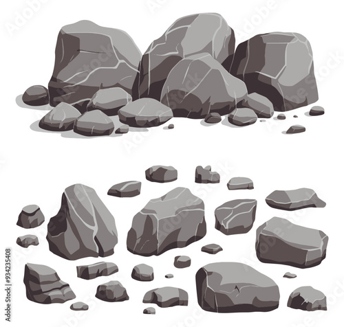 Natural grey rocks and wall stones illustration, representing forests, mountains, and caves with cobblestone elements. Ideal for nature-themed designs.