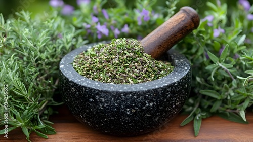 Close up of a mortar and pestle an essential tool used in the traditional of natural herbal remedies  The earthenware or stone utensil is used to grind and pulverize various herbs spices photo