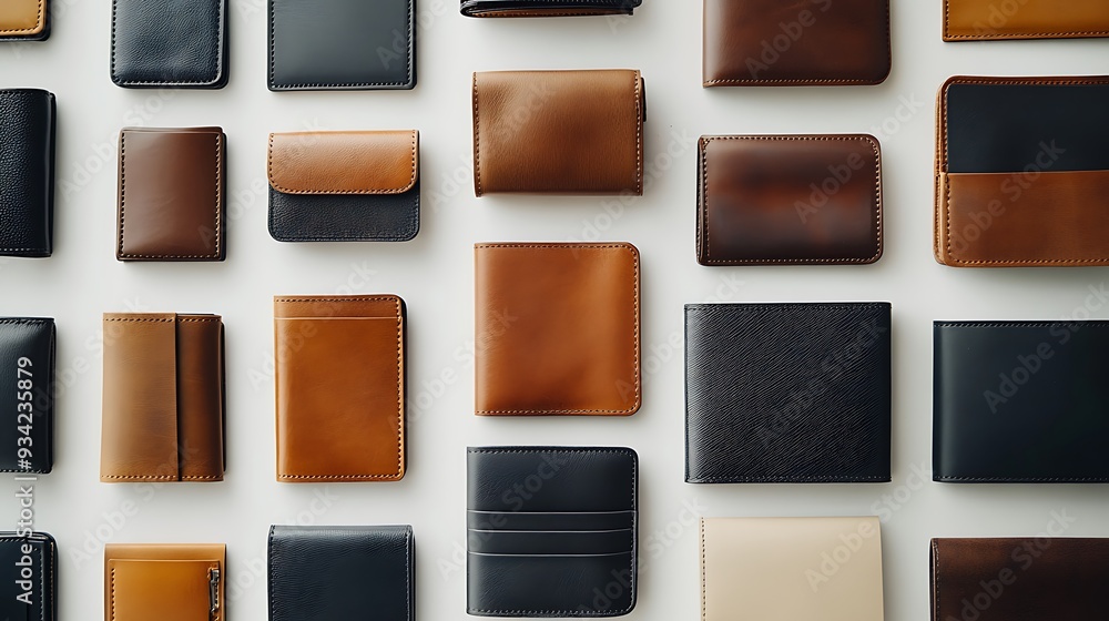 Fototapeta premium A family of wallets, each in different sizes and styles, arranged in a flat lay composition