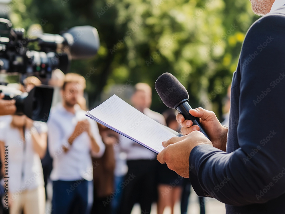 Journalist interviewing a political figure, holding a microphone, notepad in hand, outdoor press conference setting, crowd and camera crews in the background, late afternoon Journalist interviewing a political figure, holding a microphone, notepad in hand, outdoor press conference setting, crowd and camera crews in the background, late afternoon