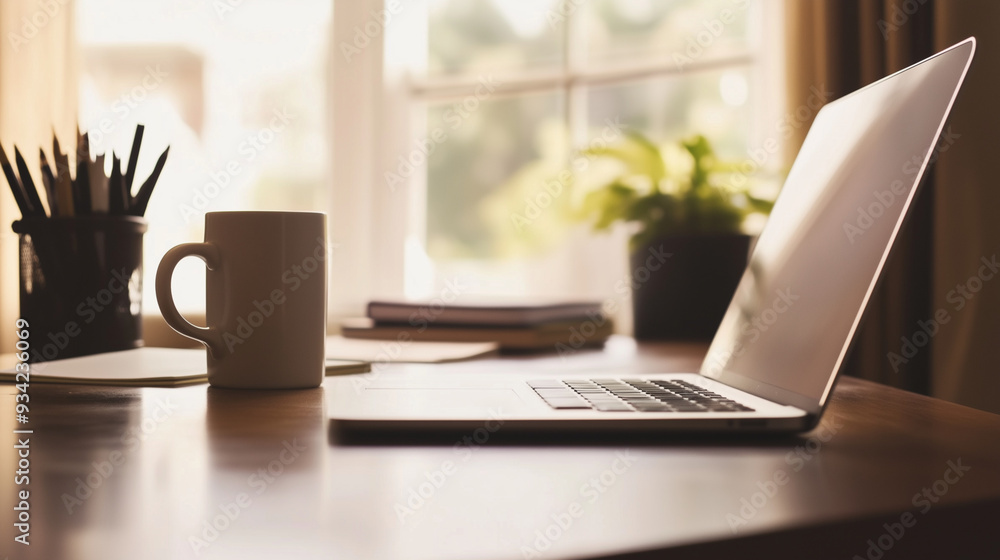 custom made wallpaper toronto digitalCozy Home Office Workspace with Laptop, Coffee Mug, and Natural Lighting
