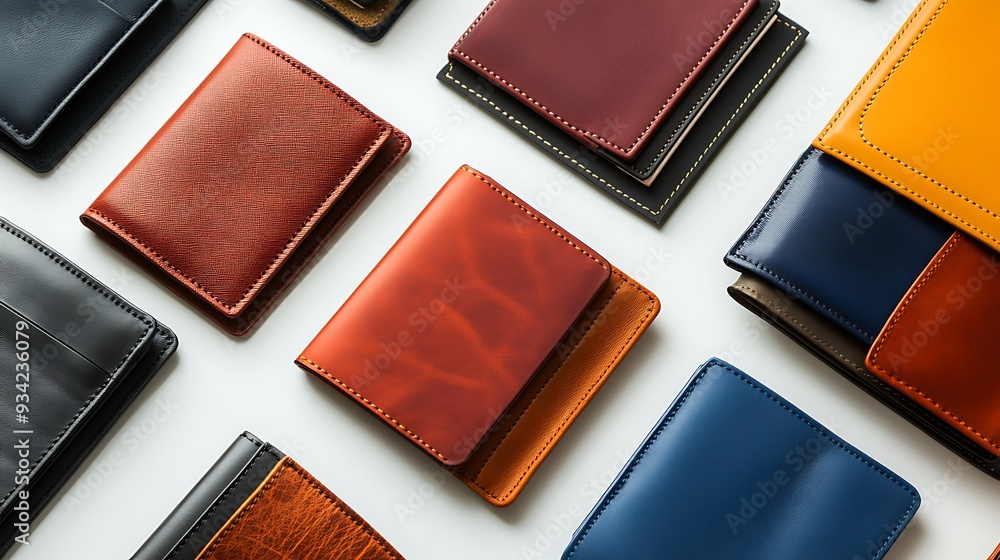 Fototapeta premium A group of wallets in different colors and materials, arranged neatly on a clean white background