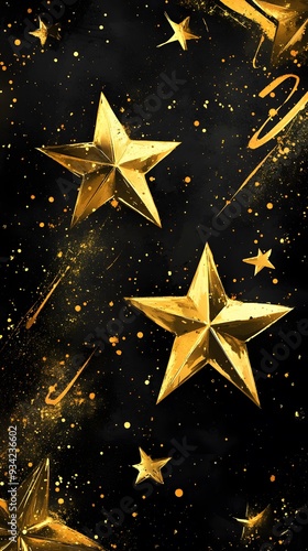 Yellow Stars on Black Background, Abstract Image, Texture, Pattern, Wallpaper, Cover and Screen of Smartphone, Cell Phone, Computer, Laptop, 9:16 and 16:9 Format