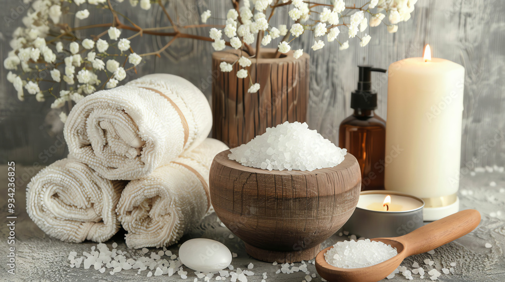 Rolled white towels, a wooden bowl of salt, candles, and a small vase with flowers. Rolled white towels, a wooden bowl of salt, candles, and a small vase with flowers.