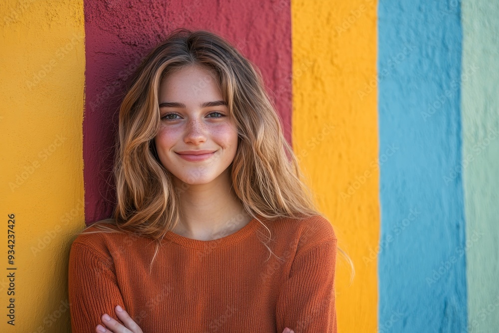Happy young woman leaning against a colorful wall, Generative AI Happy young woman leaning against a colorful wall, Generative AI