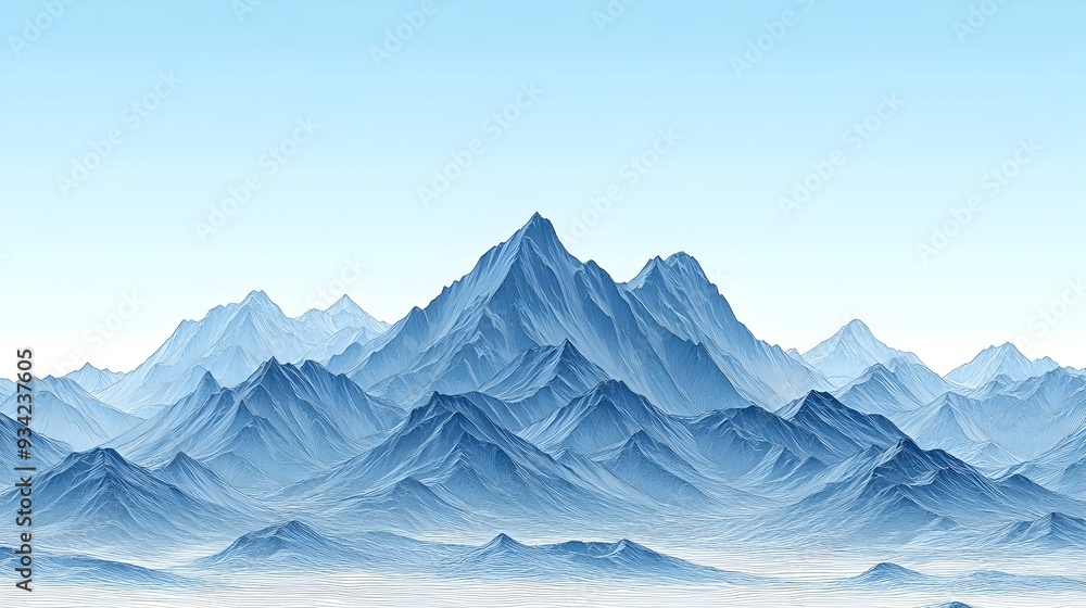 Fototapeta premium Minimalist Line Drawing of a Mountainous Landscape in Shades of Blue