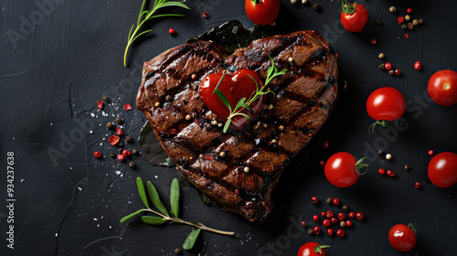 top view of grilled beef steak for valentines day in black background, restaurant.