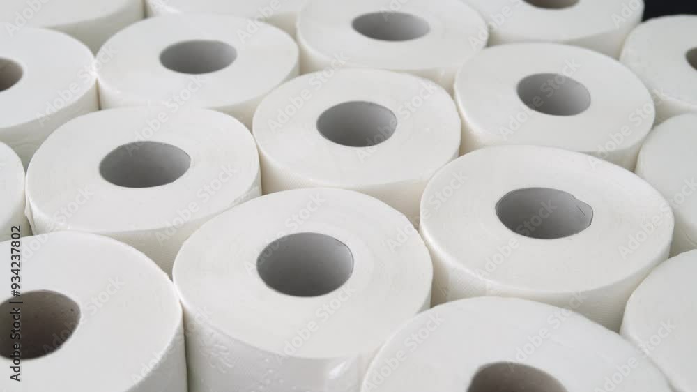 Close up on toilet paper rolls rotating. Many toilet paper rolls packed close to each other. Close up on toilet paper rolls rotating. Many toilet paper rolls packed close to each other.