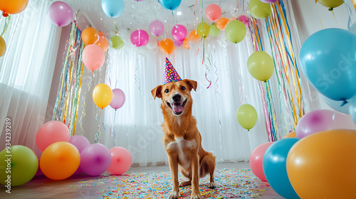 un perro muy feliz y contento por su cumpleaños celebrando su fiesta mascota celebrando su festejo divertido y jugueton photo