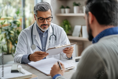 Doctor explaining medication on clipboard to senior, Generative AI