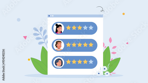 Online rating system with profiles and star ratings, symbolizing customer feedback, user reviews, and service quality evaluation.

